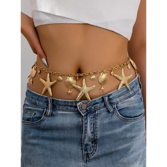 Gold Golden Starfish & Beach Boho Seashell Waist Chain Belt - Picture 1 of 4